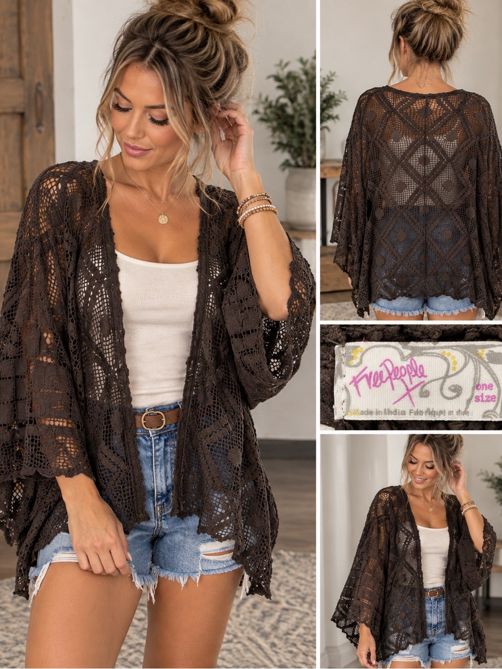 Free People Brown Crochet Open-Front Kimono Sweater
